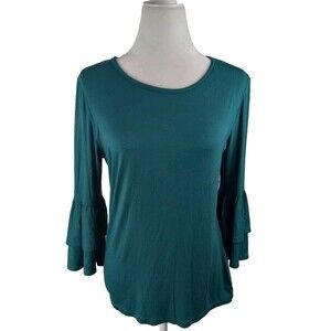 SagHarbor Green 3/4 Double Flared Sleeve Top Shirt Blouse Round Neck Sz Small